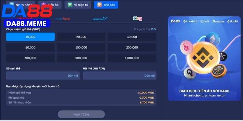 Chi tiết các bước nạp tiền DA88 Chi tiết các bước nạp tiền DA88
